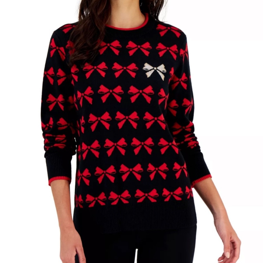 Charter Club Bow Cotton Blend Red Sweater Rhinestone Sparkly Cottagecore Ribbons